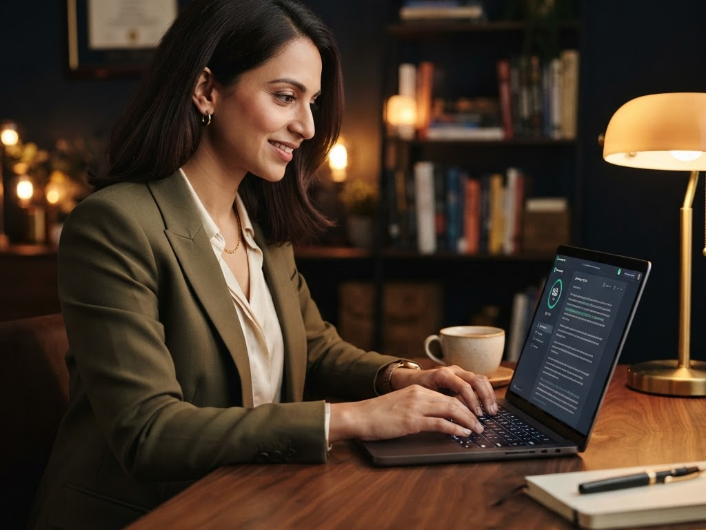 Female writer running a Grammarly check on a paper