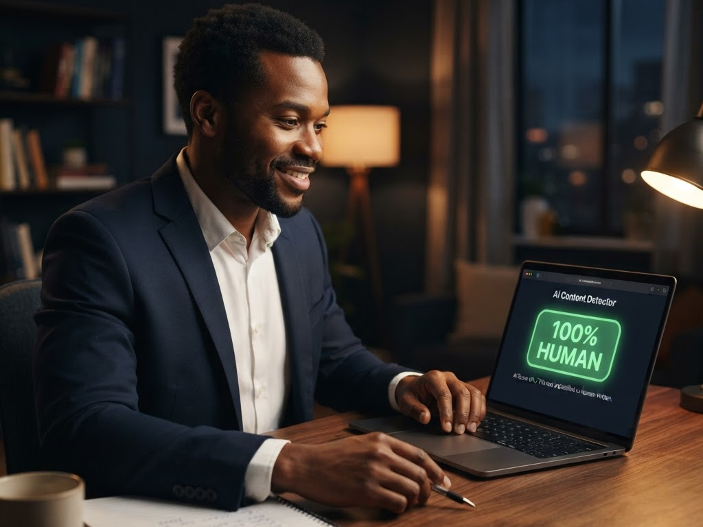 Male writer viewing a Copyleaks human-score result