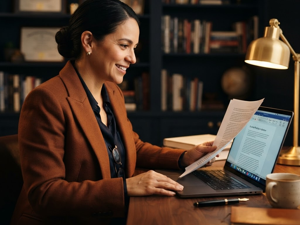 Female writer reviewing a printed paper